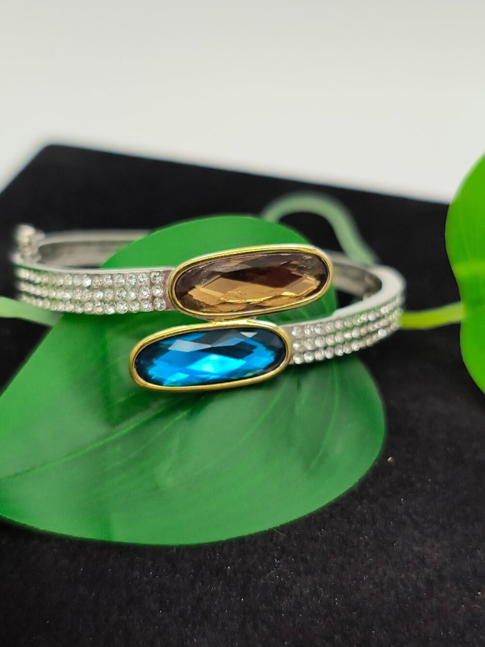 Butler Silver‑Tone Hinged Bracelet w/ Double Glass Stones + CZ Pavé Stones